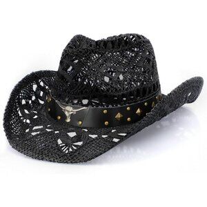 Women's Straw Wide with Shapeable Brim Cowboy Cowgirl Hatband Hat Black Hat 2